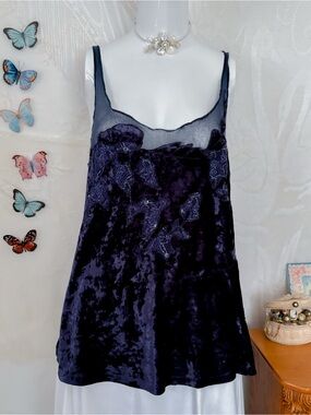Boho chic whimsigoth girly semi sheer velvet with embroidery long navy tank